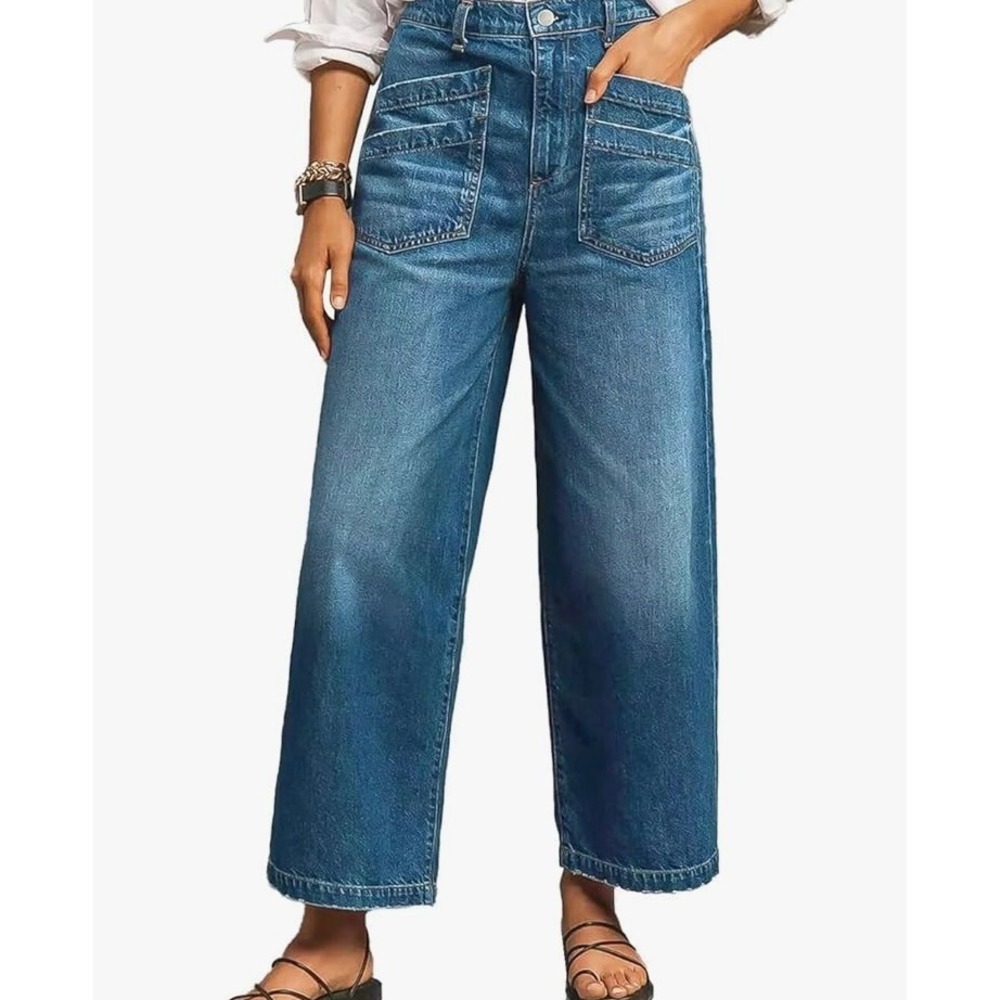 Flamingals Womens XXL Wide Leg Cropped Jeans Medium Wash Patch Pocket 258802 PSA